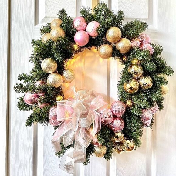 PINK AND GOLD 24” PRE-LIT CORDLESS WREATH - Picture 2 of 9